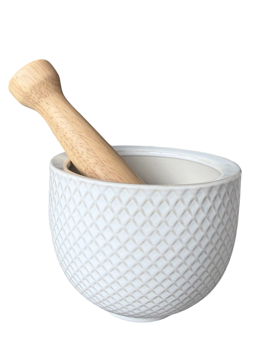 NEW West Elm White Textured Ceramic Mortar with Wooden Pestle (H2)